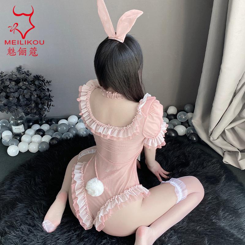 New sexy underwear pure desire bunny girl big bow mesh lace perspective sexy onesie