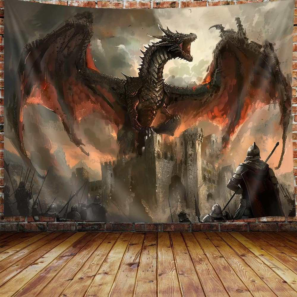 Cool Medieval Dragon Tapestry Fantasy Animal Red Dragon Tapestry Wall Hanging for Men Boys Bedroom Gothic Tapestries Poster