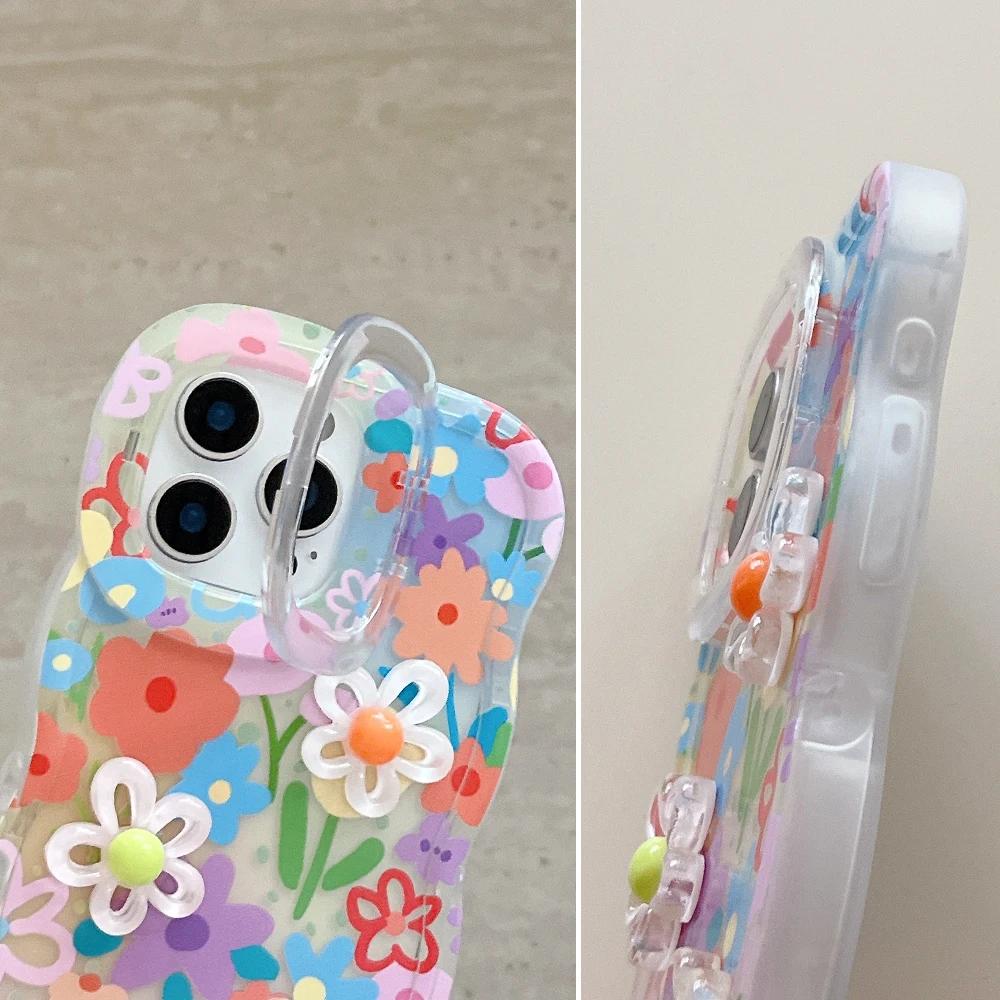 Bead Bracelet Chain Phone Case For iPhone 16 17 15 14 13 11 12 Pro Max Plus 3D Flower Bracket Holder Stand Lanyard Cover