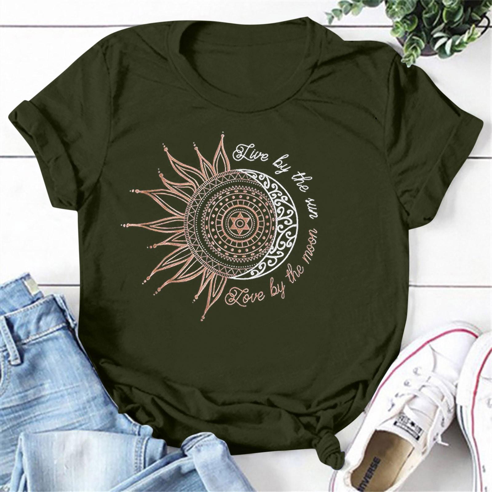 Women s Fashion Casual Summer 2022 Round Neck Short Sleeve Print Tops Blouse L