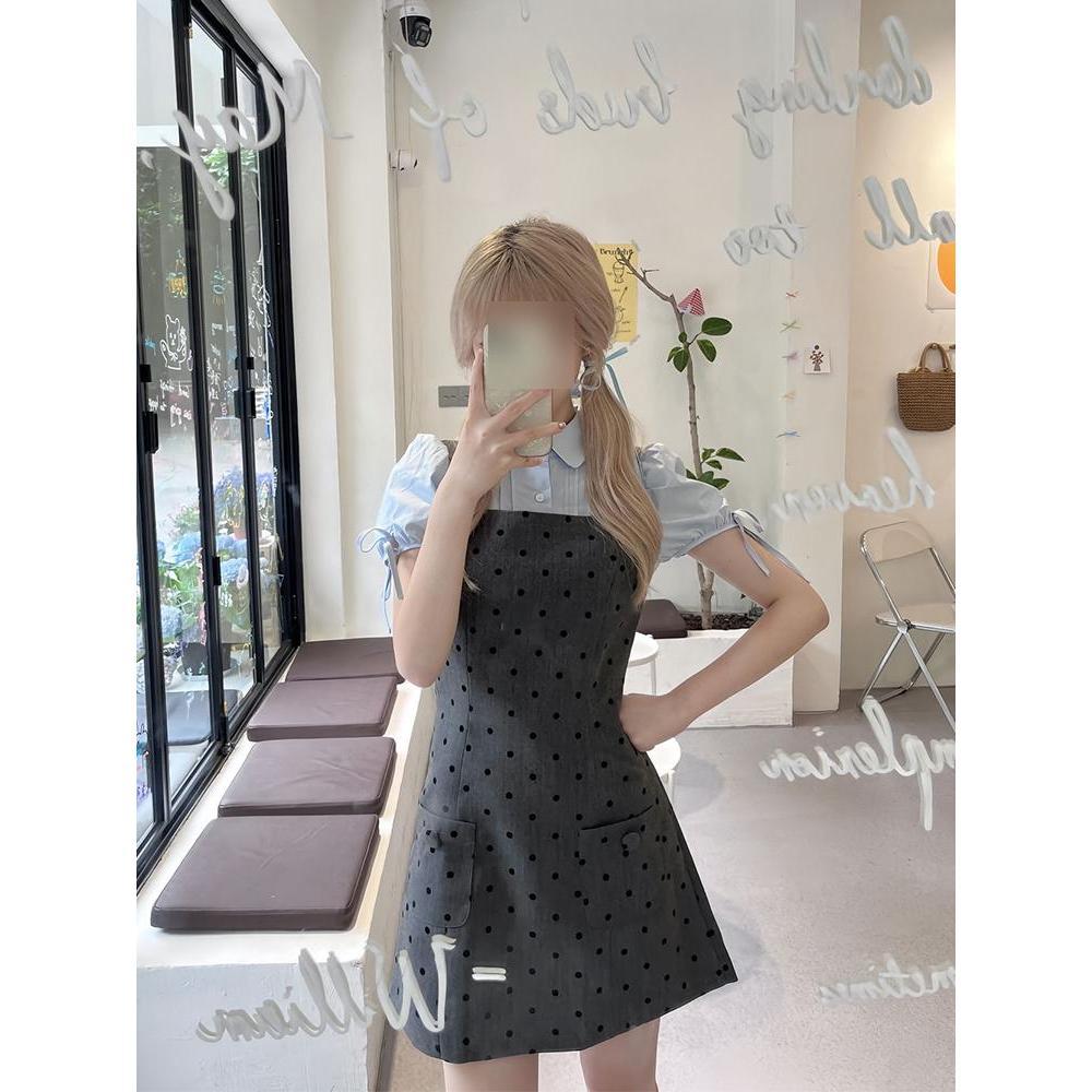 Small preppy style polo fake two-piece dress, summer sweet and hot girl waist slimming polka dot hip short skirt