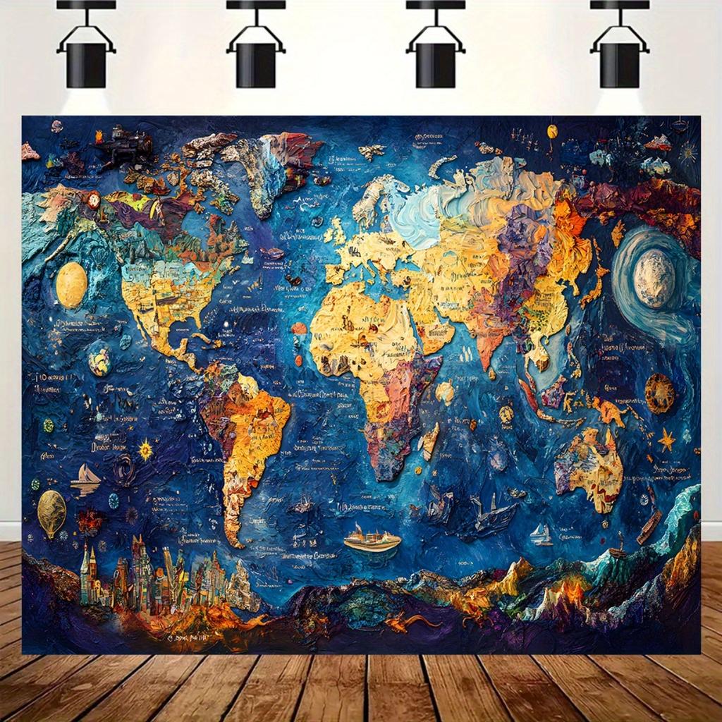 1 Large-sized Map Background Banner - Splendid World Map Design Detailed Logos and Spatial Features World Map Wall Decoration