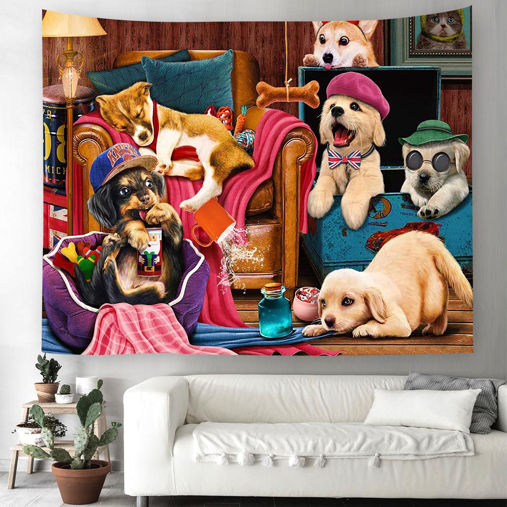 Cartoon Dog Tapestry Kawaii Puppy Wall Hanging Cloth Cute Pet Animal Home Bedroom Living Room Decorative Wall Rug Tapestry