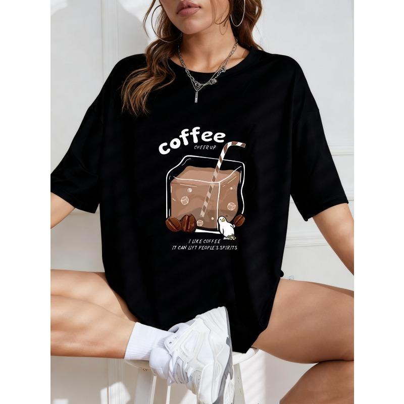 Cotton T Shirt White Coffee Drink With Penguin And Coffee Beans Print Casual Everyday Wear