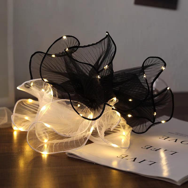 1Pcs Led Flower Wrapping Paper With Lights Lace Mesh Wave Yarn Florist Bouquet Packaging Decoration Wedding Birthday Gifts