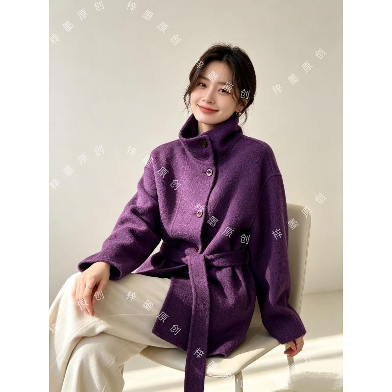 Classic autumn and winter stand-up collar loose and lazy thickened medium and long double-sided wool coat for women