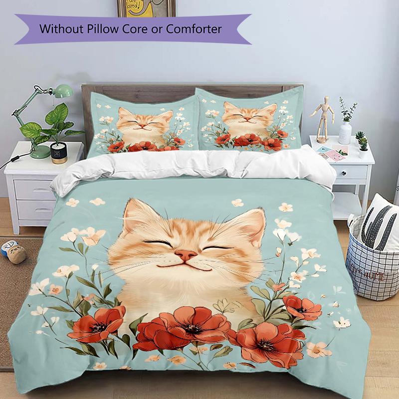 

3pcs Flowers and Happy Cat Printed Quilt Set - Soft and Comfortable Quilt Cover for Bedroom, Guest Room and Dormitory Decorative Bedding Set 135cm*200cm
