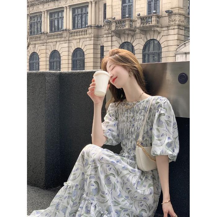 

New temperament floral dress women s new Korean version loose round neck pleated waist long skirt 3XL сіро блакитний колір