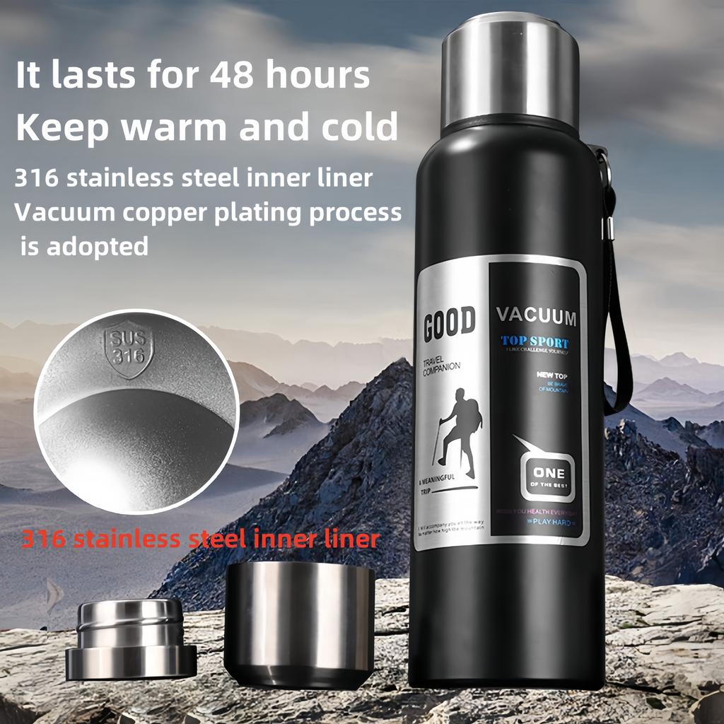 Outdoor Sports Thermos Cup: Large Capacity Metal Vacuum Flask, 600/800/1000/1500/2000ML Options, 316 Stainless Steel