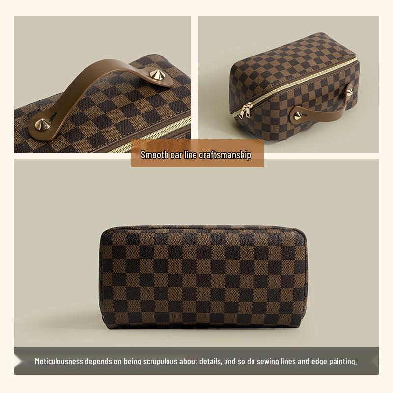 PU Große Monogramm Karomuster Make-up Tasche: Wasserdicht, Tragbar & Multifunktionales Aufbewahrungsfach für Toilettenartikel.
