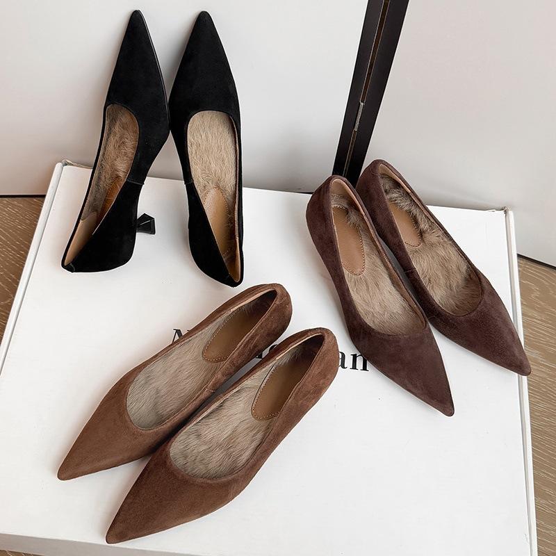 Fleece Women's Single Shoes 2025 Autumn New Korean Version High-heeled Leather Single Shoes Women's Commuting One-pedal Doudou Shoes Floating Shoes