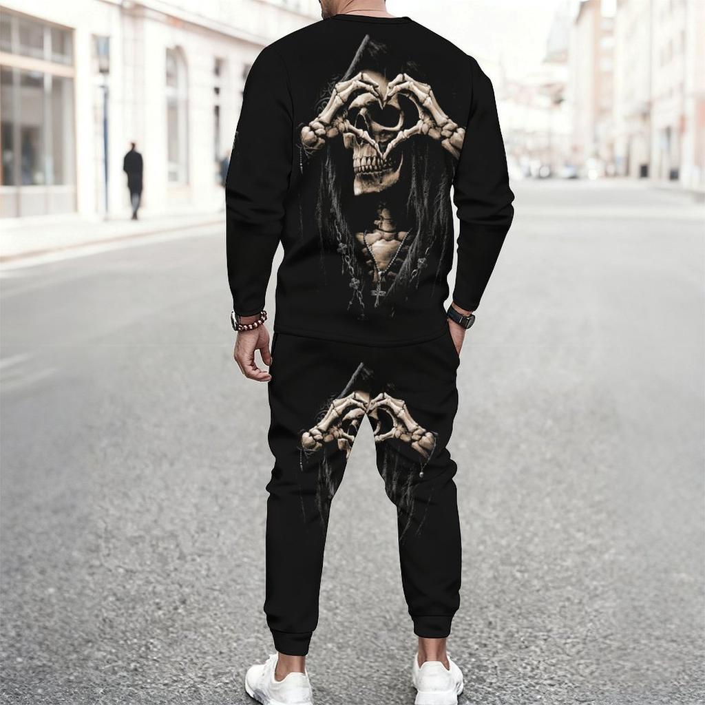 Men Contrast Panel Rose And Skull Art Print Long Sleeve Sweatshirt Jogger Pants Two Piece Suit