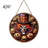 Vintage Witch And Bat Plaque Halloween Wooden Sign, Round Hanging Pendant with Lanyard, Retro Distressed Rustic Wall Decor Wood Skeleton/Pumpkin/Clown