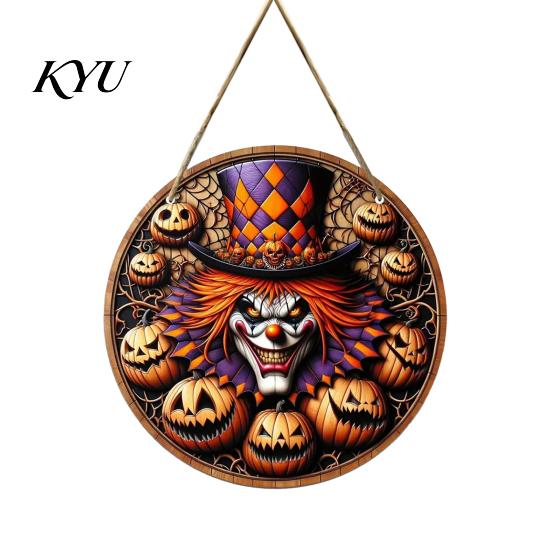 Vintage Witch And Bat Plaque Halloween Wooden Sign, Round Hanging Pendant with Lanyard, Retro Distressed Rustic Wall Decor Wood Skeleton/Pumpkin/Clown