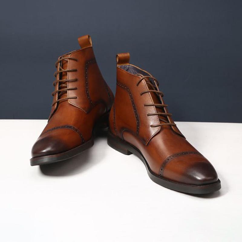 Fashionable High Top Shoes For Men Cowhide Leather Carved Round Teo Lace Up British Ankle Boots Mens Business Dress Trendy Shoes