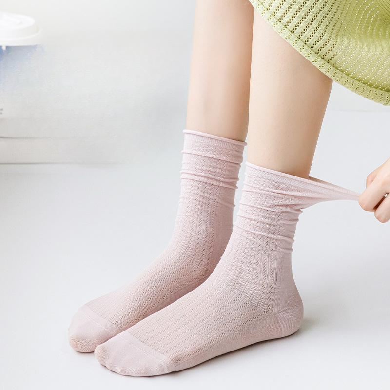 Boneless Pile Socks for Women, Summer Thin Mid-calf Socks, White Long Socks with Small Leather Shoes, Postpartum Socks, Summer Long Calf Socks