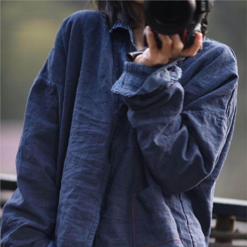 Johnature Woman Spring Long Sleeves V-Neck Shirt Single Breasted Solid Color Chinese Style Vintage Shirt