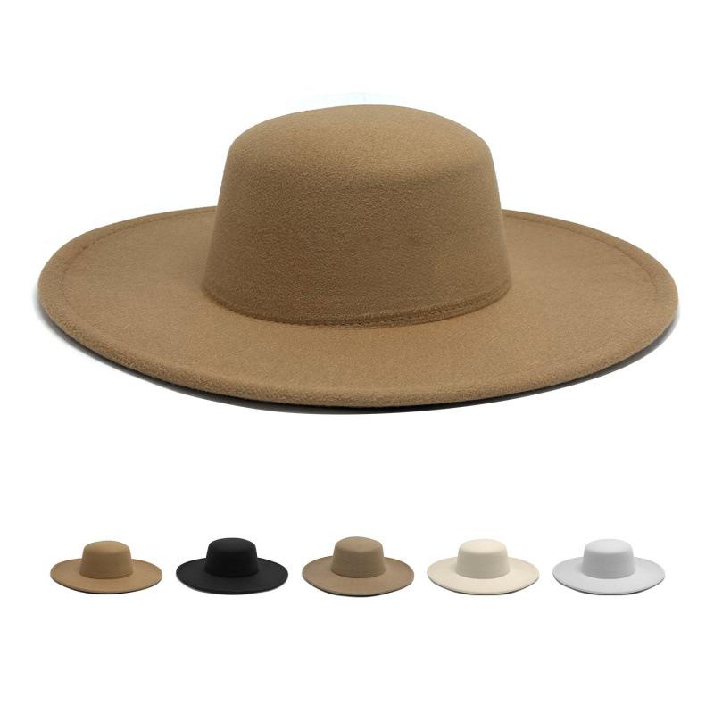 Autumn and winter new cm large brim thickened top hat felt British retro solid color light board flat top hat for men and women