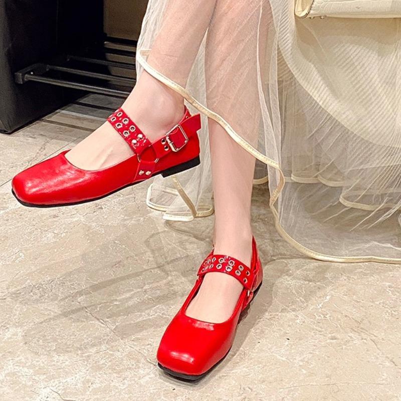 Square Toe Flat Mary Jane Women Vintage Metal Buckle Causal Brand Designer Fashion Ballet Shoes Riveted Shoes Female