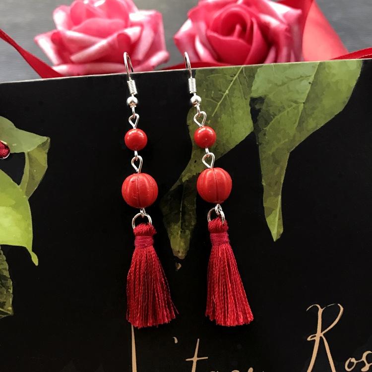 Klassische Mode rote Zinnober Quastenohrringe Retro romantische Rosenblüten Ohrringe Weiblichkeit vielseitige Brautohrringe