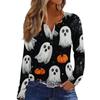 Women's Casual Long Sleeve V-Neck Halloween Print T-Shirt with Decorative Buttons