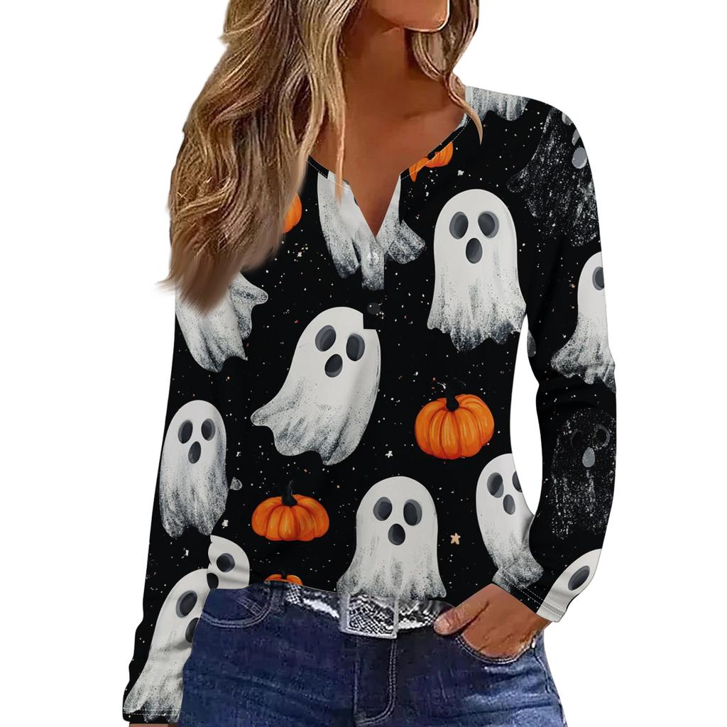 Women's Casual Long Sleeve V-Neck Halloween Print T-Shirt with Decorative Buttons