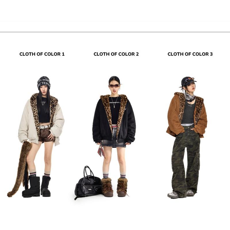Vintage Leopard Print Cat Ear Hooded Padded Jacket Loose Fit Warm Winter Coat Men Women