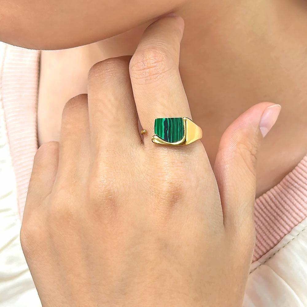 Vintage Malachite Adjustable Ring for Women – 18K Gold Plated Open Band Stainless Steel Fashion Statement Jewelry**