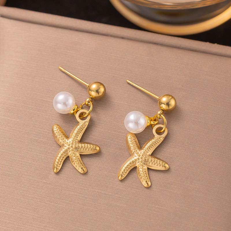 

Stainless Steel Shell Starfish Pearl Pendant Necklace Set For Women Fashion Gold Color Clavicle Chain Waterproof Zircon Gifts