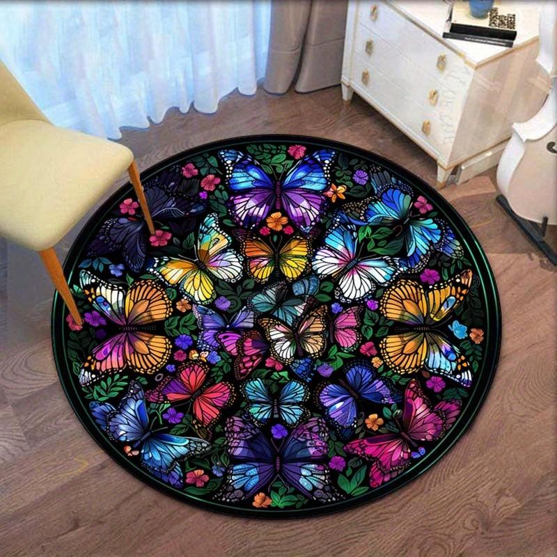 

Crystal velvet round rug colorful butterflies floral pattern living room bedroom decor soft anti slip floor mat nature themed 60cm