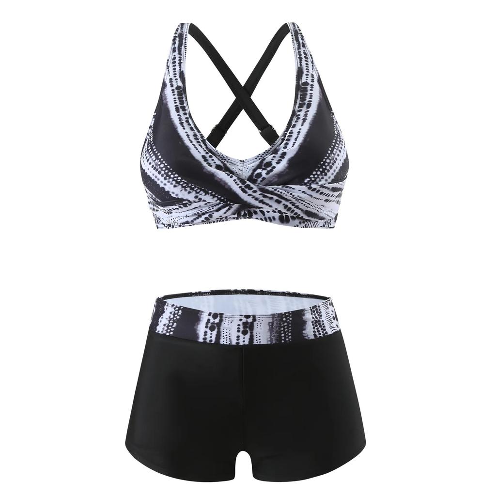 Sexy Hollow Out Back High Waist Bikini Swimsuit Women's Short Pants Quick Dry Two Piece Swimwear New 2025 Big Size