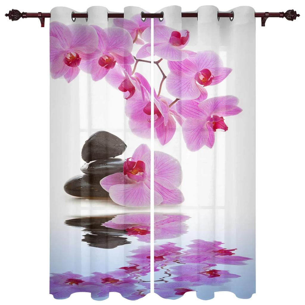 Flower Stone Pink Orchid Reflection White Curtains for Bedroom Living Room Drapes Kitchen Children Window Curtain Home Decor