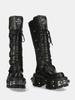 Metallschnalle Karree Kniehohe Stiefel Frauen Schwarz PU Leder Punk Lange Stiefel Frau Herbst 2024 Chunky Heels Motorrad Booties