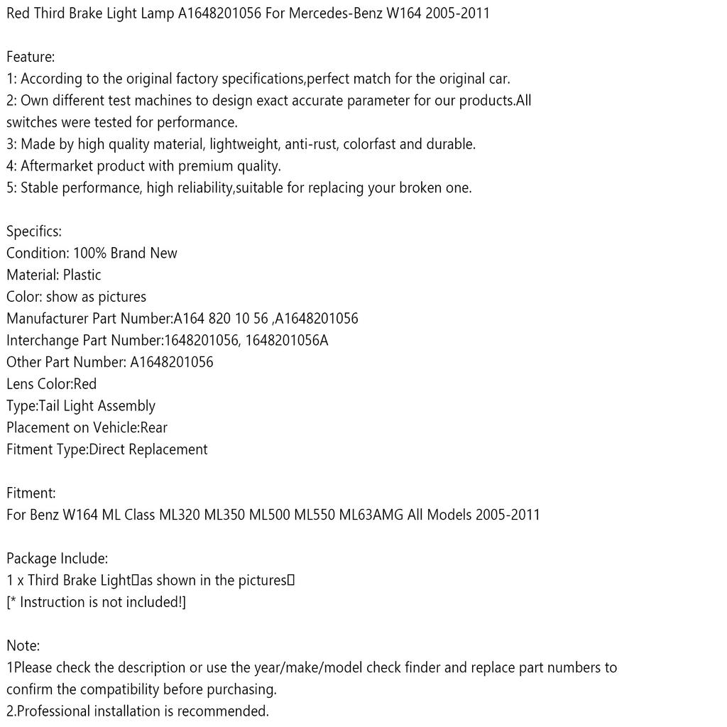 Car 3RD Brake Light Stop Lamp Assembly A1648201056 for Benz ML-Class W164 2005-2011 Rear Brake Tail Light