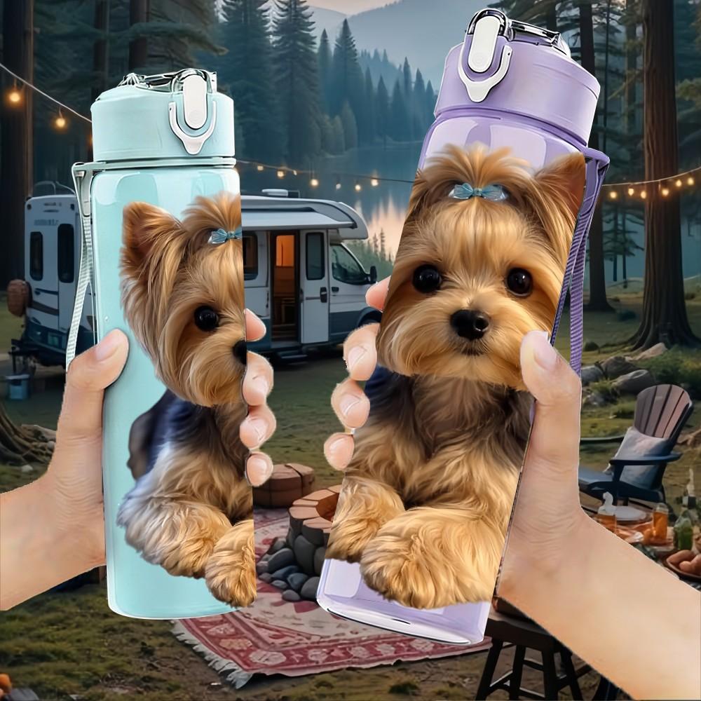 1PC Gentle Yorkie Puppy Close View 750ml Color Plastic Sports Water Bottle Leakproof Flip Straw Lid Suitable for Sports Office Home Use