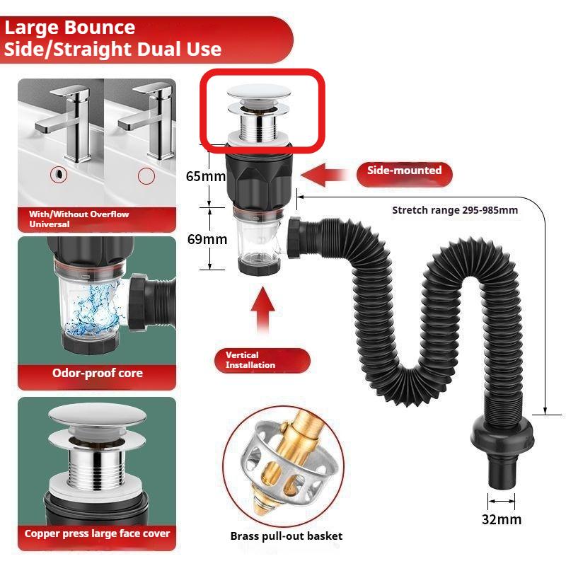 Complete set of anti-odor sealed drain pipe fittings for washbasins bathroom sink pop-up drain pipes, and basin drainers