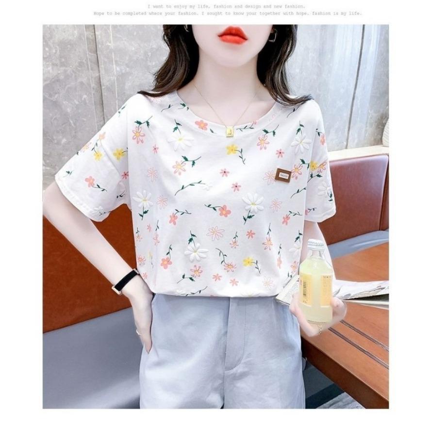 Women's Fashion Casual Summer Spring Flower Pattern Print Short Sleeve O-Neck Blouses & Shirts