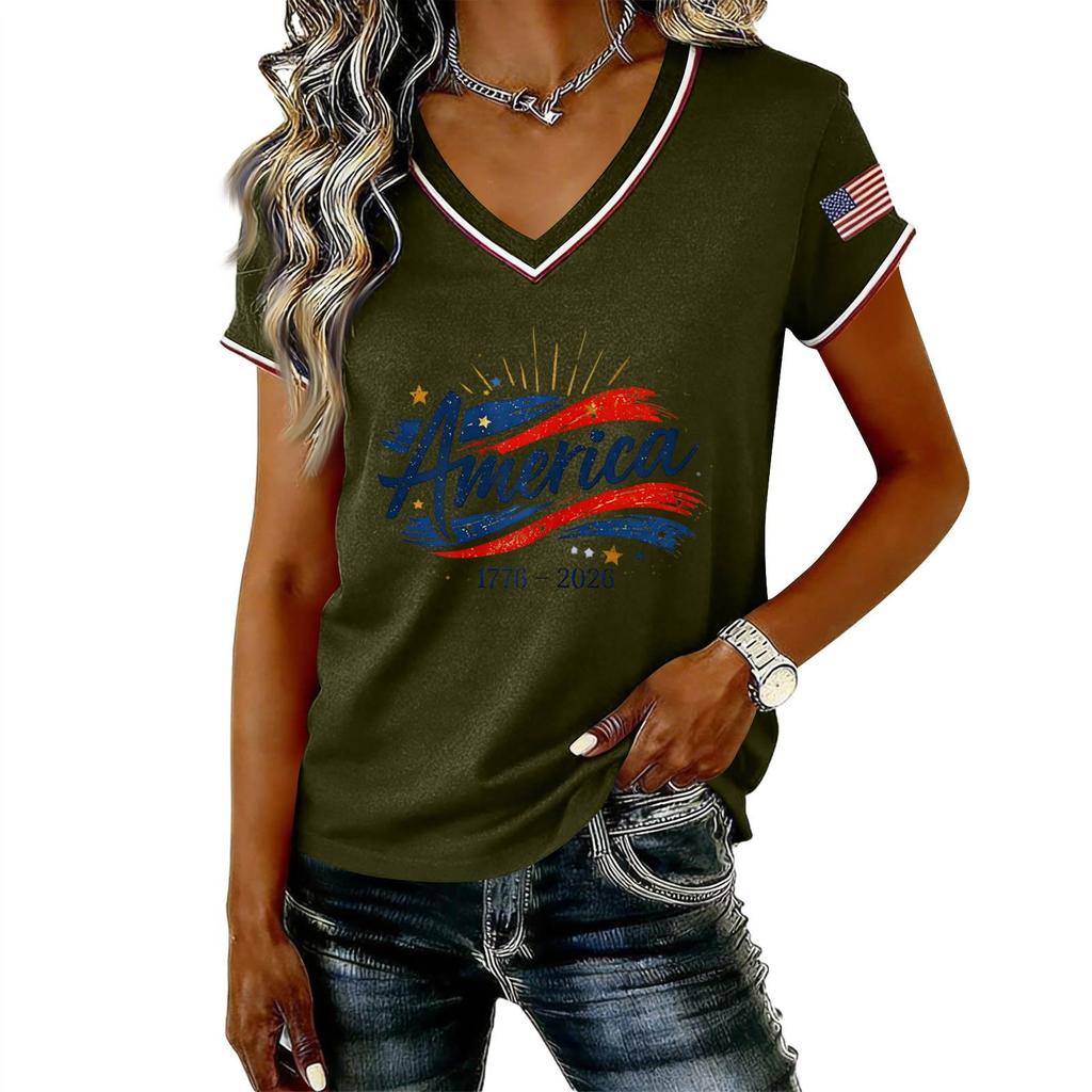 Damen Lässiger V-Ausschnitt Kurzarm Pullover Bedrucktes T-Shirt Top