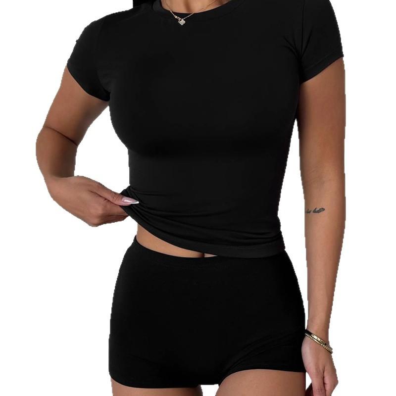Short-sleeved summer new European and American style solid color tight top round neck short-sleeved T-shirt women's clothing