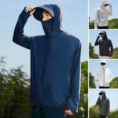 Men Sunscreen Jacket Hooded Long Sleeve Zipper Placket Sun Protection Clothing Solid Color Breathable Fishing Outerwear