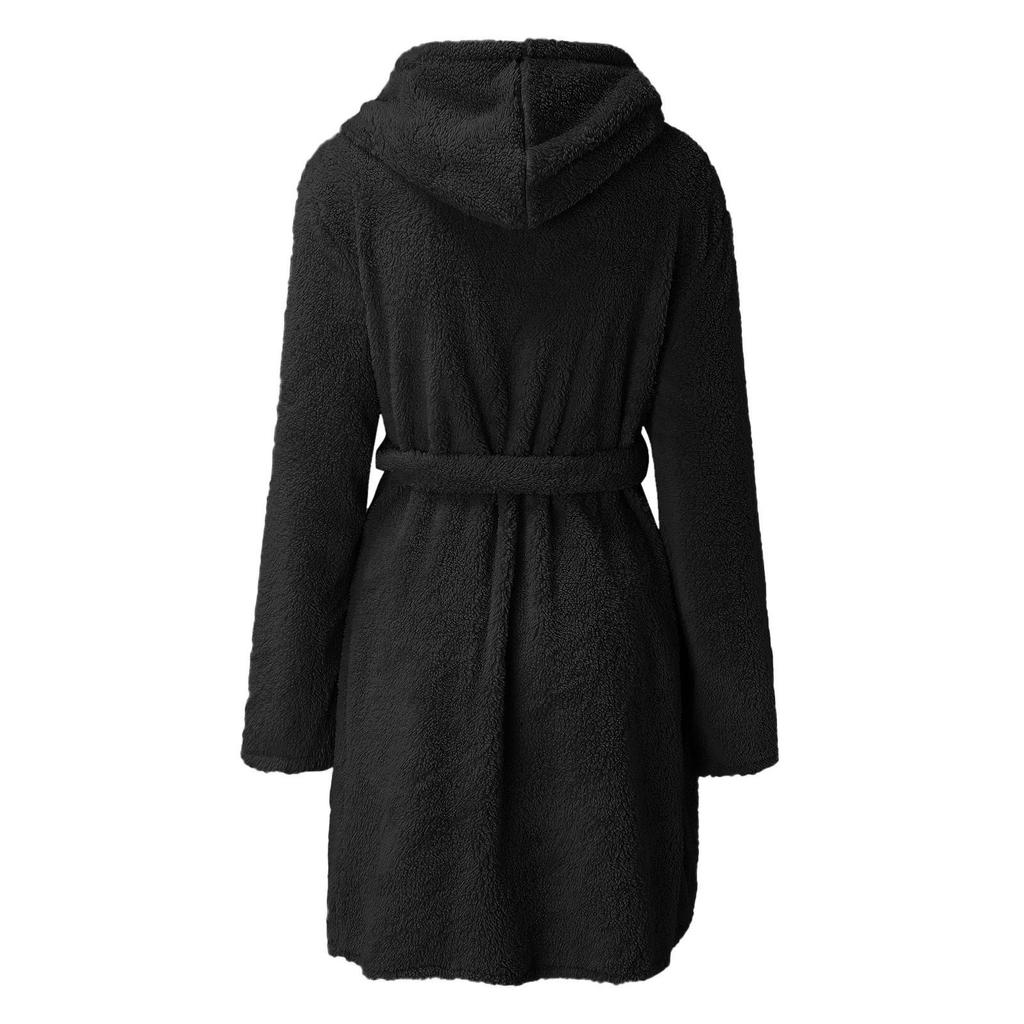 Women's Plush Hooded Bathrobe - Solid Color, Warm Pajamas for Autumn and Winter