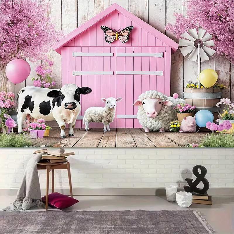 2D Flat Printing Pink Farm Animal Backdrop 210×150cm for Birthday
