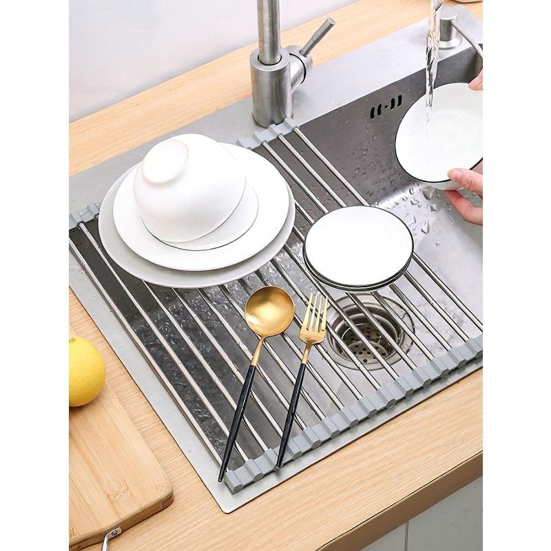 Roll Up Dish Drying Rack, Over The Sink Stainless Steel Multifunctional Dish Drain Rack, Portable Stainless Steel Rolling Rack, Sink Rack Mat