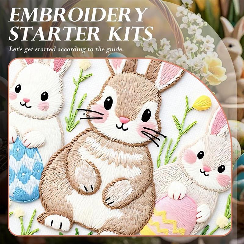 Easter Embroidery Kit for Beginners, DIY Hand Embroidery Set with Bunny Egg Floral Patterns, Including Hoop Thread Needles, Easter Craft Sewing Gift