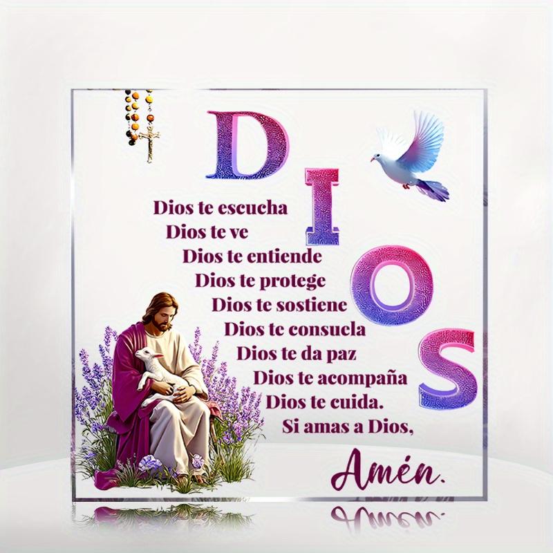 2D Flat, Bohemian Style Spanish "Dios" Prayer Acrylic Desktop Decoration Plaque, Jesus, Lamb, Suitable for wall Decoration, porch, Room, Villa, accent