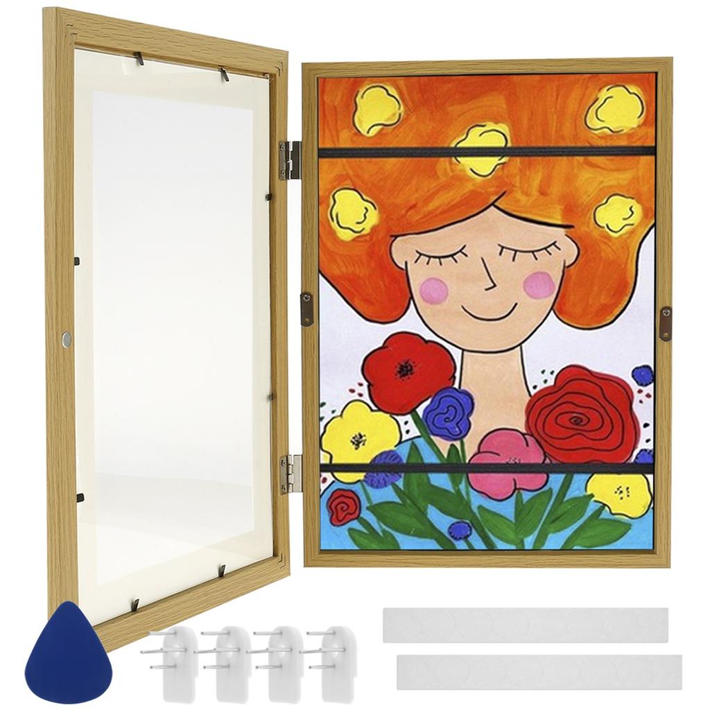 1/2 Stück Kinder Kunstrahmen Set A4 Frontöffnung Foto Rahmen Holz Kinder Kunstwerk Display Rahmen für 100 Bilder Horizontal und