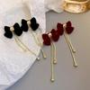 Elegant Red Velvet Bow Tassel Long Earrings - Luxury Socialite Studs