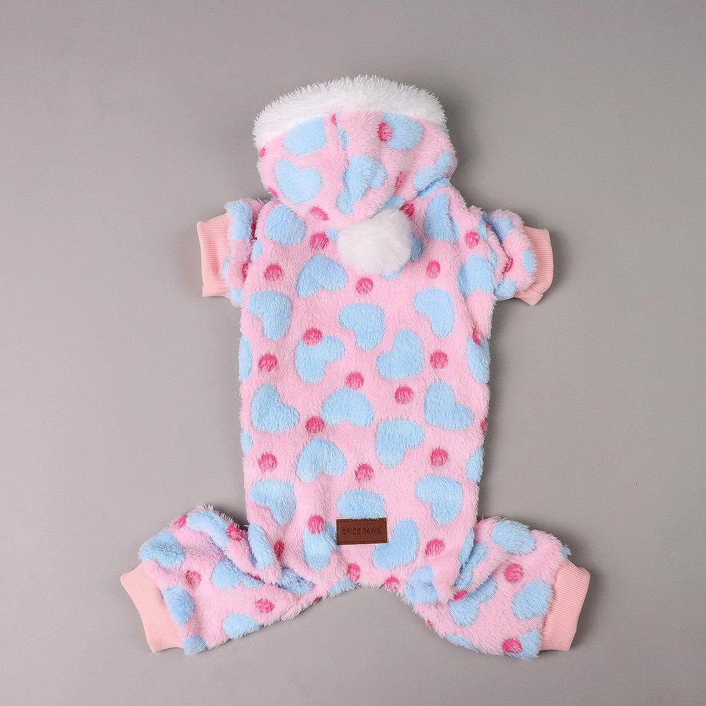 Plüsch-Hunde-Pyjama für kleine Hunde Mädchen Winter Warm Welpe Herz Pjs Fleece-Kleidung Pullover-Outfit Hund mit flauschigem Bommel Haustier-Einteiler