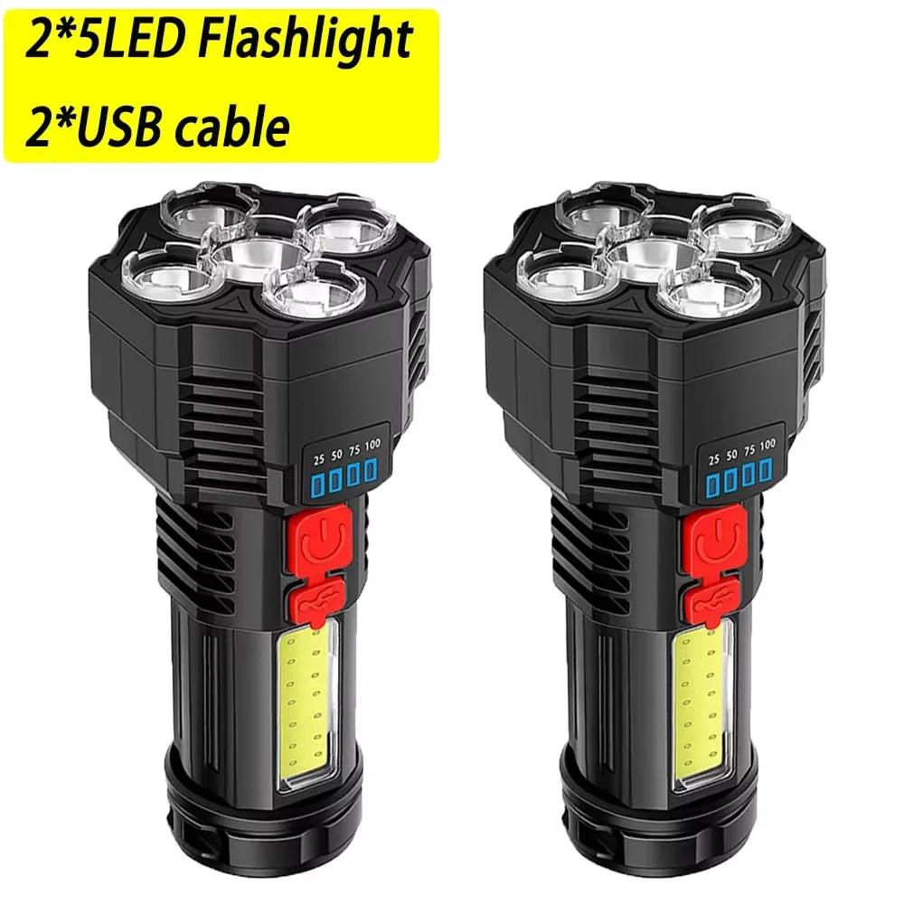 High Power LED Flashlights Camping Torch With 5 Lamp Beads And COB Side Light Rechargeable Portable Hand Lantern 3 Lighting Mode