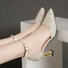 Satin One-Strap Beaded Pointed Toe Stiletto Heels - Wear-Resistant Fashionable Summer Sandals for Women